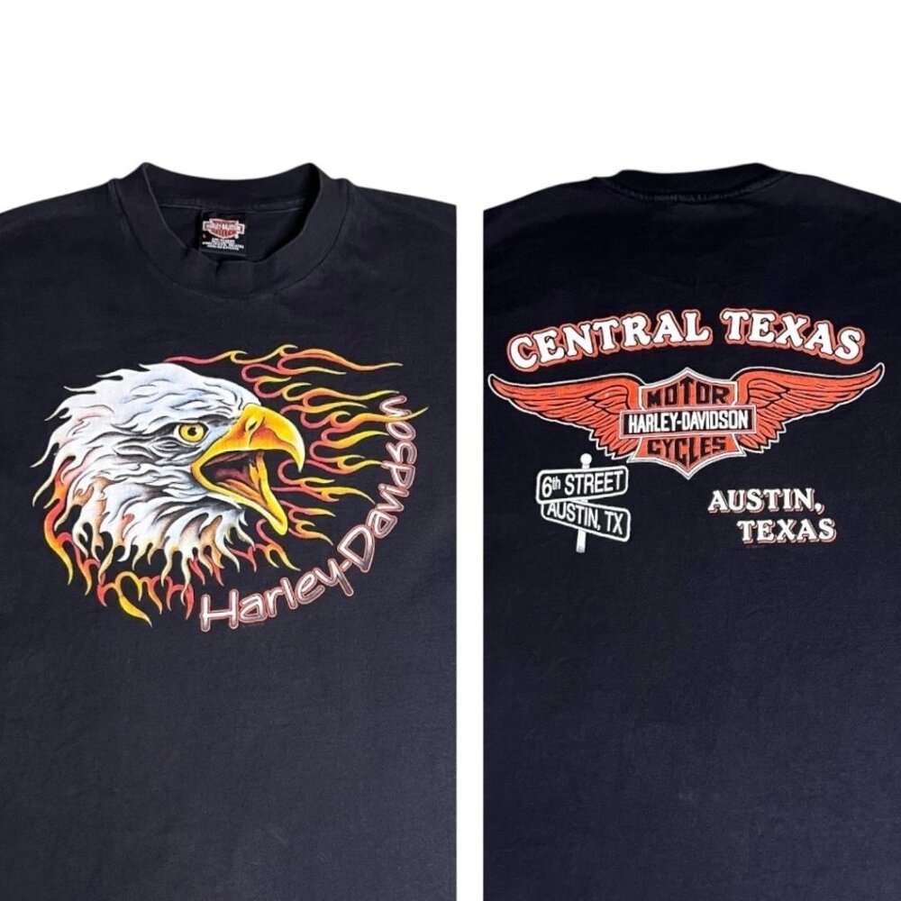 Harley-Davidson Rare Flaming Eagle T-Shirt Austin TX 90s R.K. Stratman USA Large